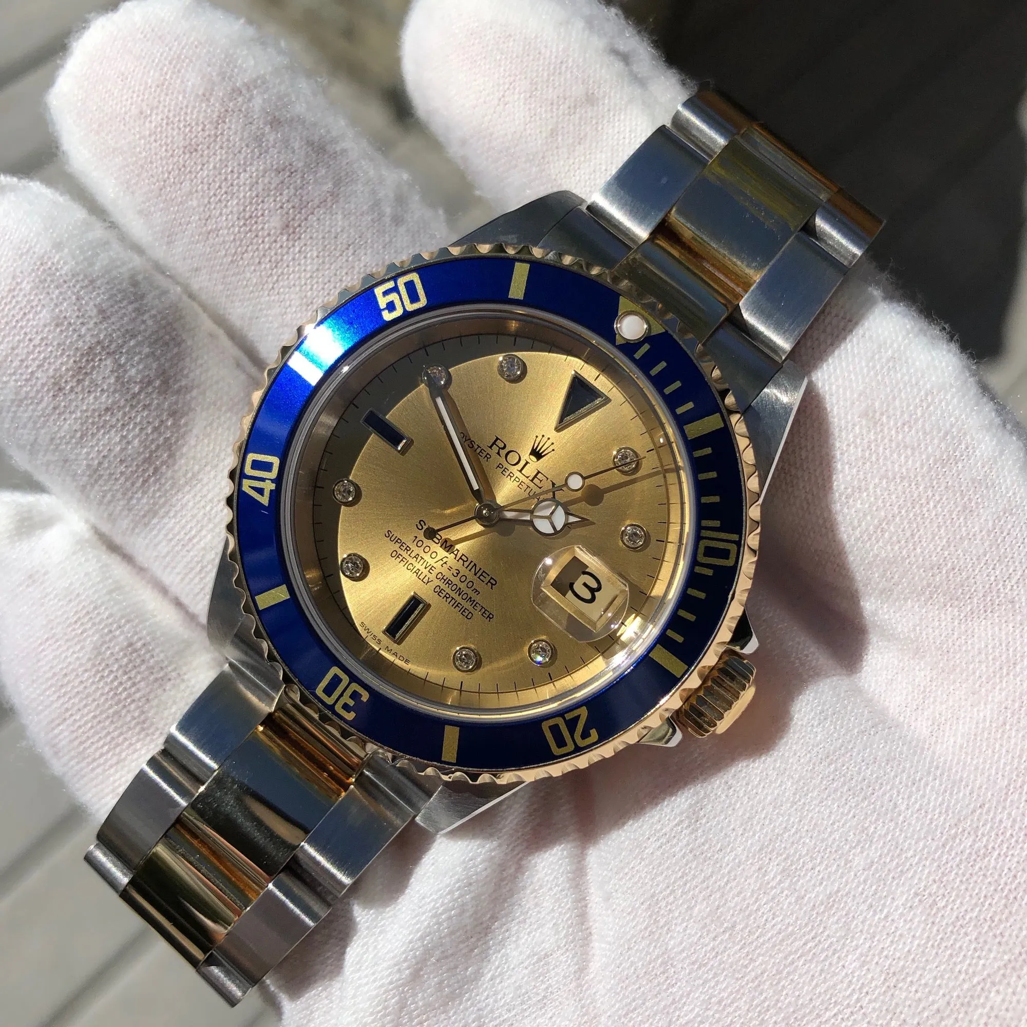 2004 Rolex Submariner Date 16613 Serti Two Tone Stainless Steel Gold Diamond Champange Sapphire Wristwatch Box Papers