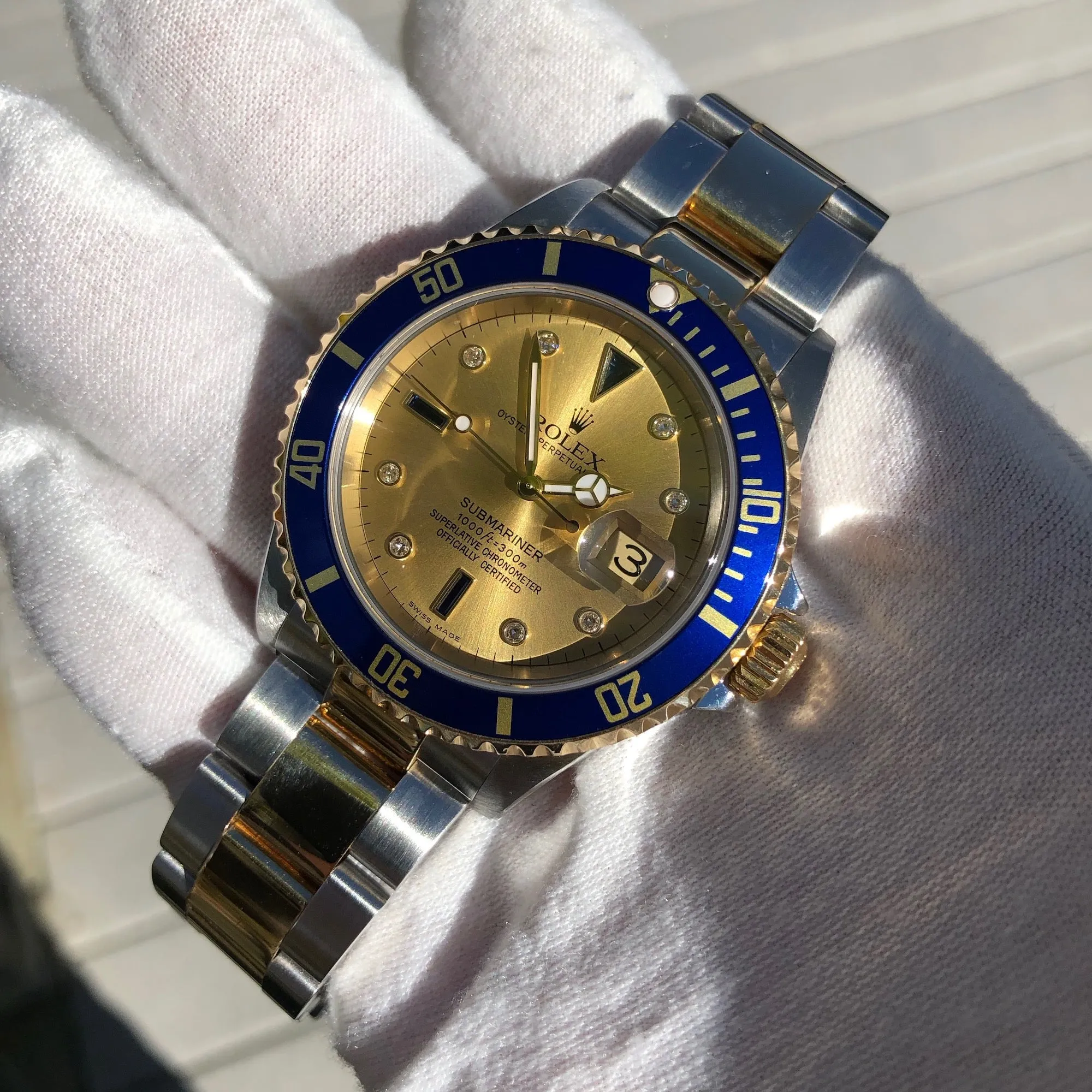 2004 Rolex Submariner Date 16613 Serti Two Tone Stainless Steel Gold Diamond Champange Sapphire Wristwatch Box Papers