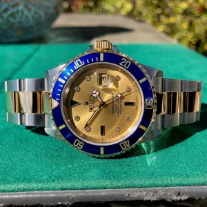 2004 Rolex Submariner Date 16613 Serti Two Tone Stainless Steel Gold Diamond Champange Sapphire Wristwatch Box Papers