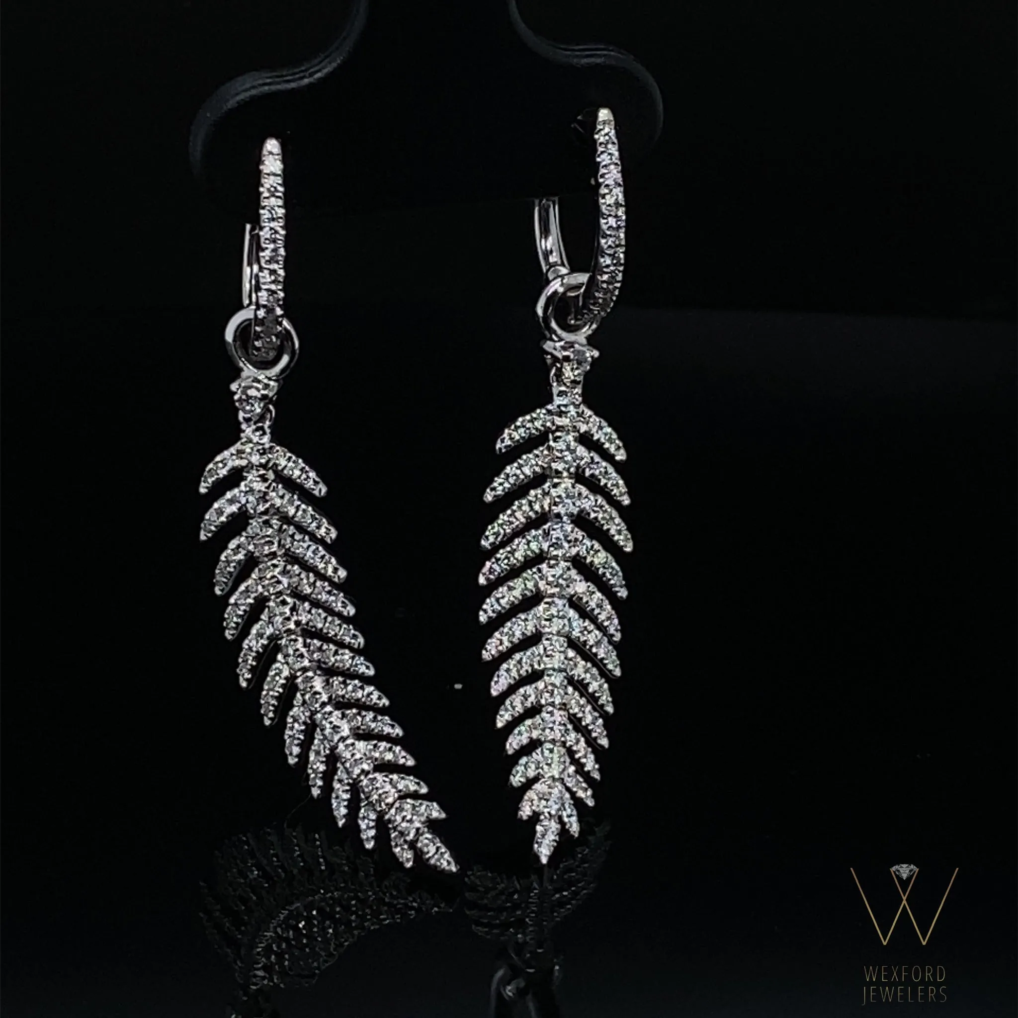 .63CT Dangling Diamond Feather Earrings 18k White Gold