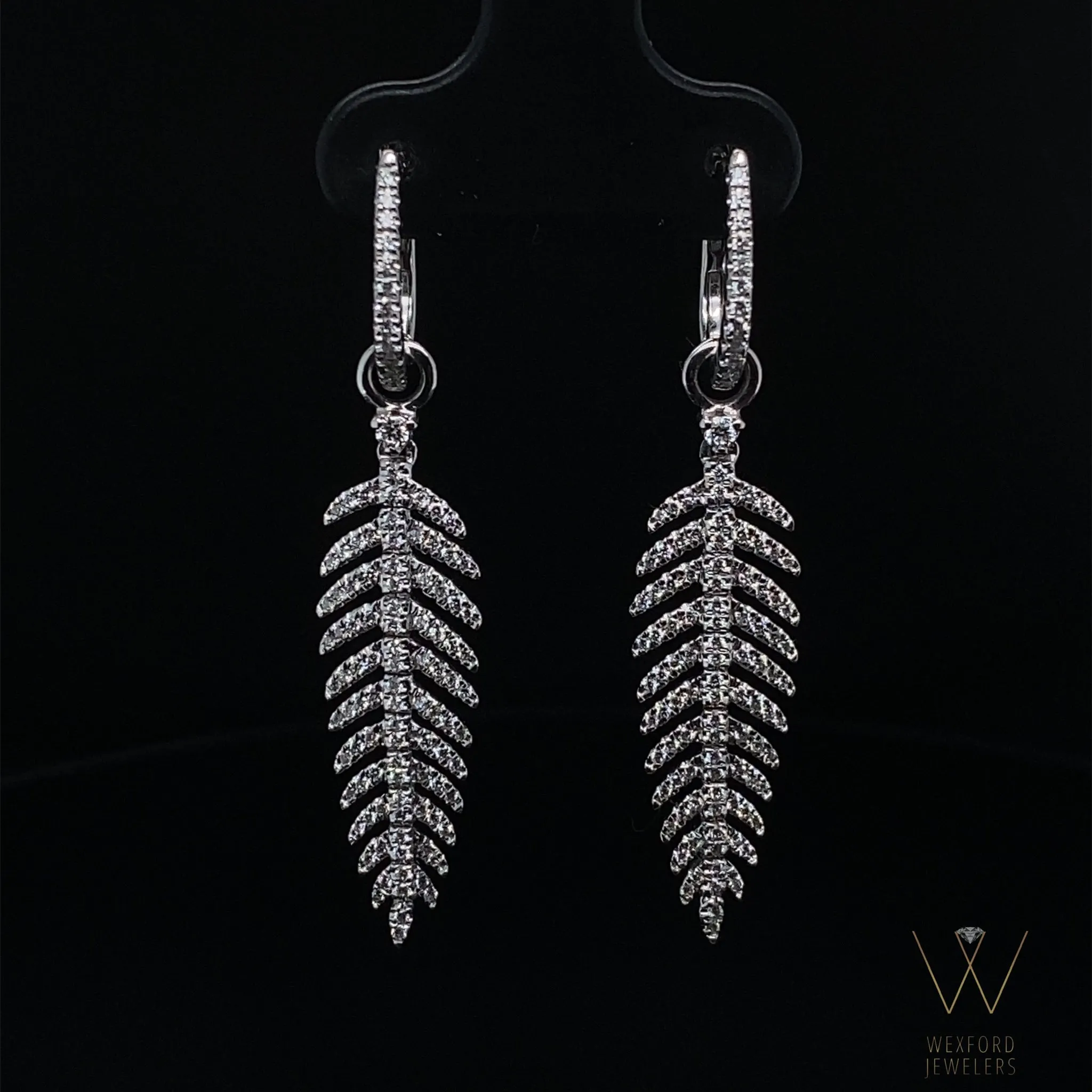 .63CT Dangling Diamond Feather Earrings 18k White Gold