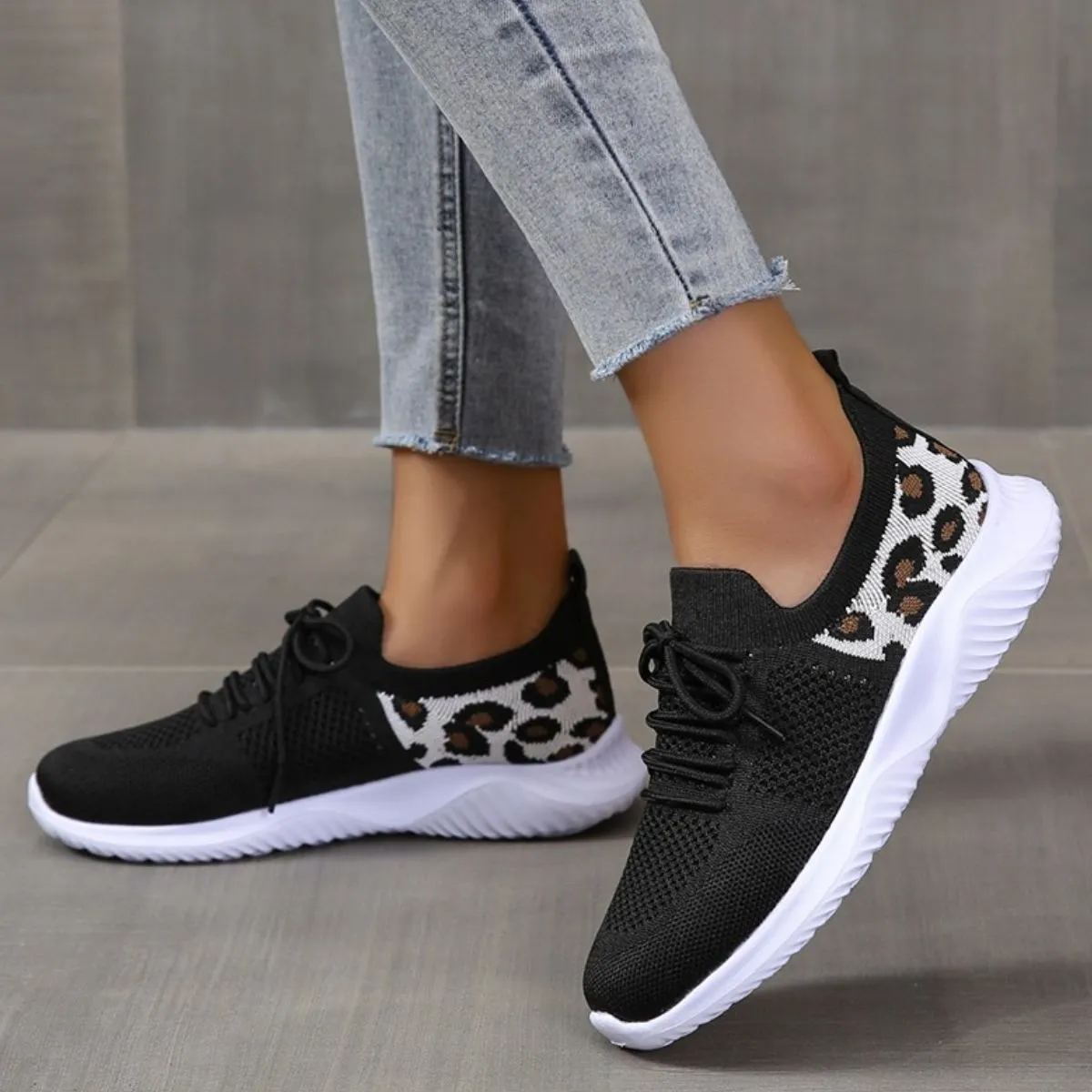 Athletic Shoes - Leopard Breathable Mesh Lace Up Athletic