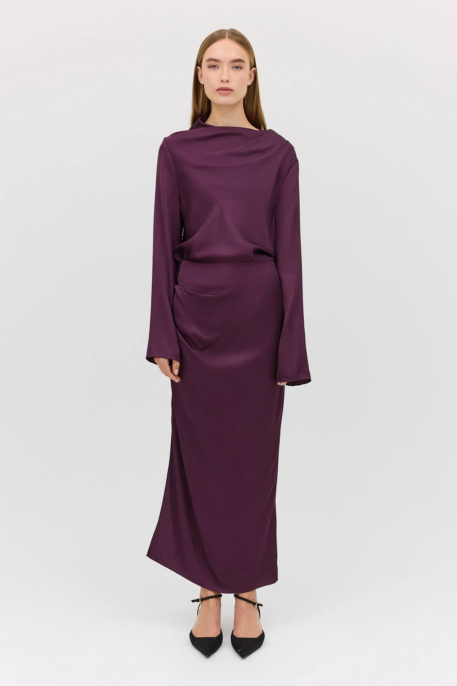 AUBERGINE SATIN CEZANNE LONG SLEEVE TOP