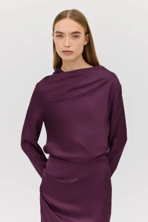AUBERGINE SATIN CEZANNE LONG SLEEVE TOP