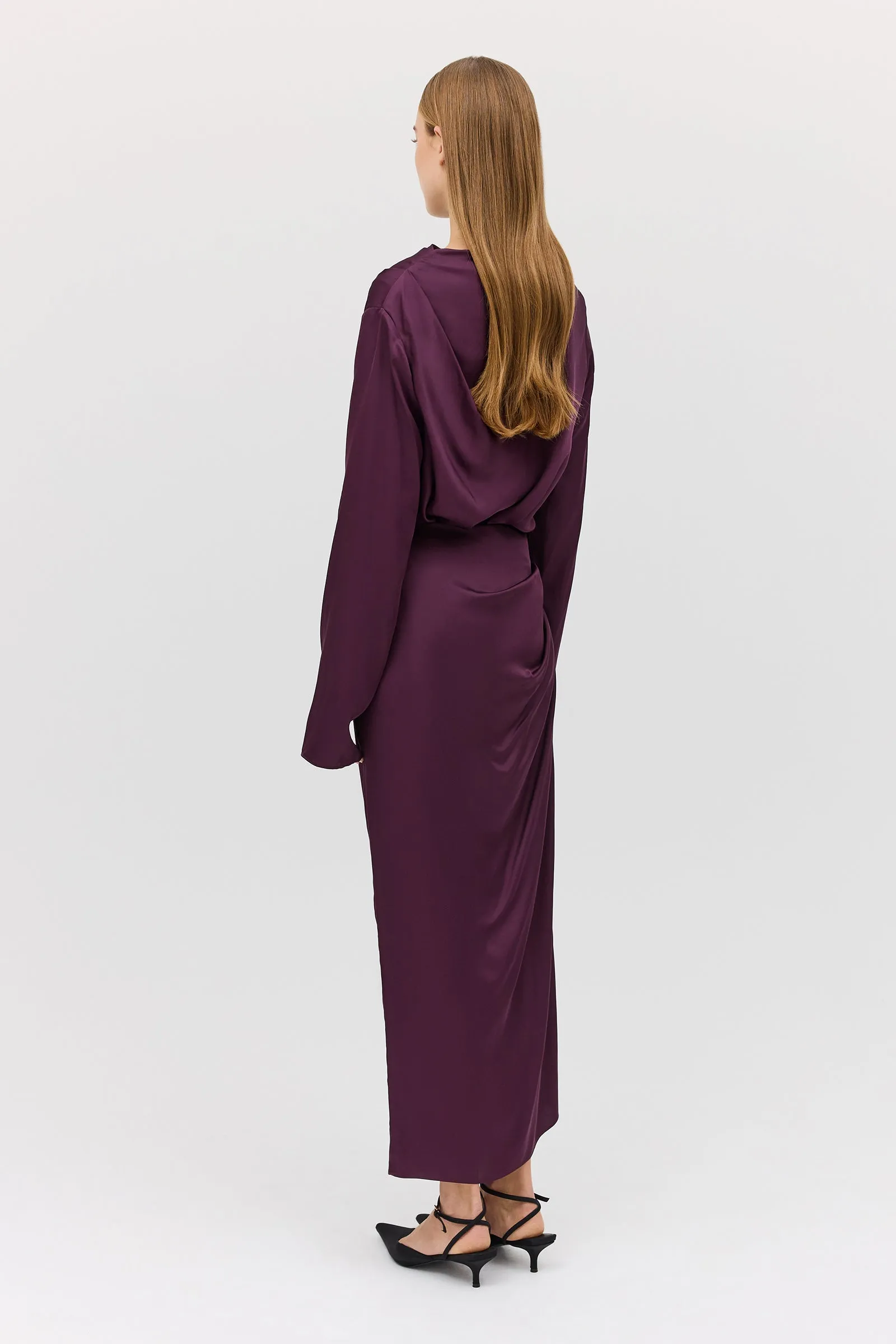 AUBERGINE SATIN CEZANNE LONG SLEEVE TOP