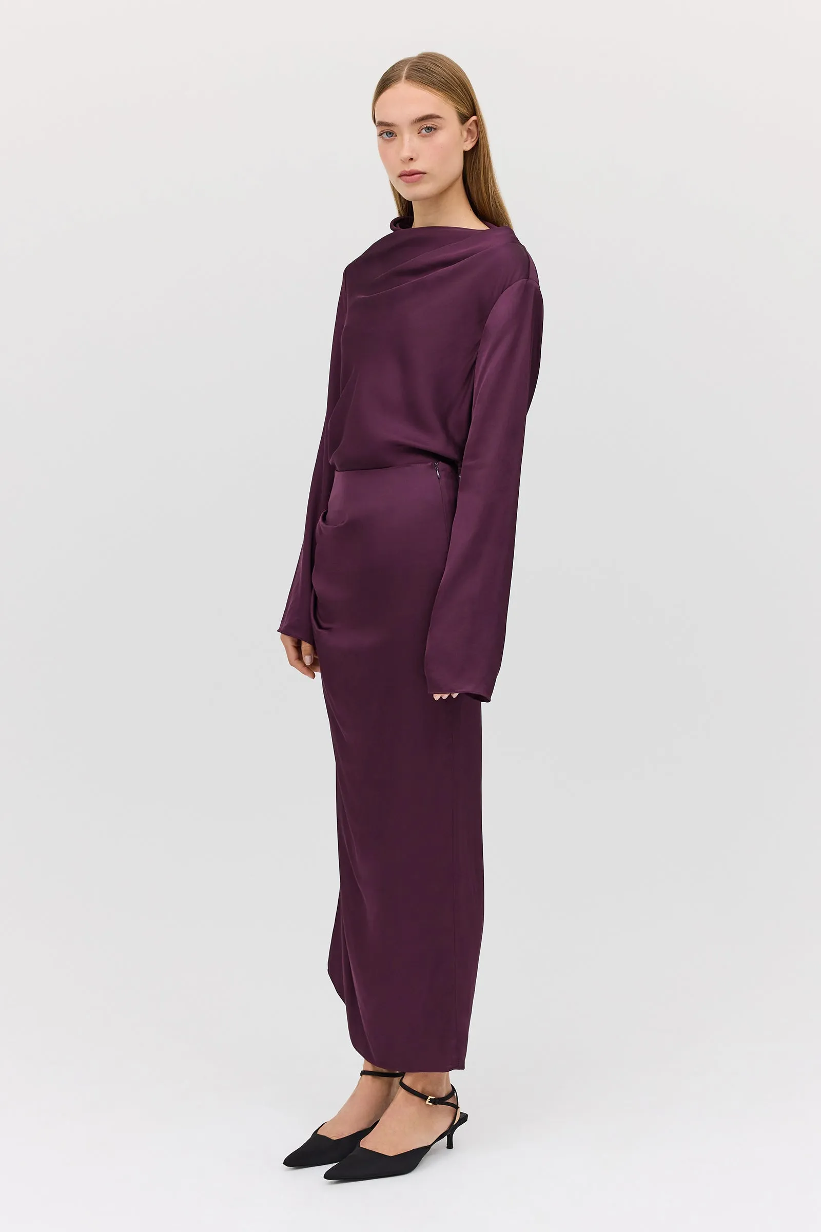 AUBERGINE SATIN CEZANNE LONG SLEEVE TOP