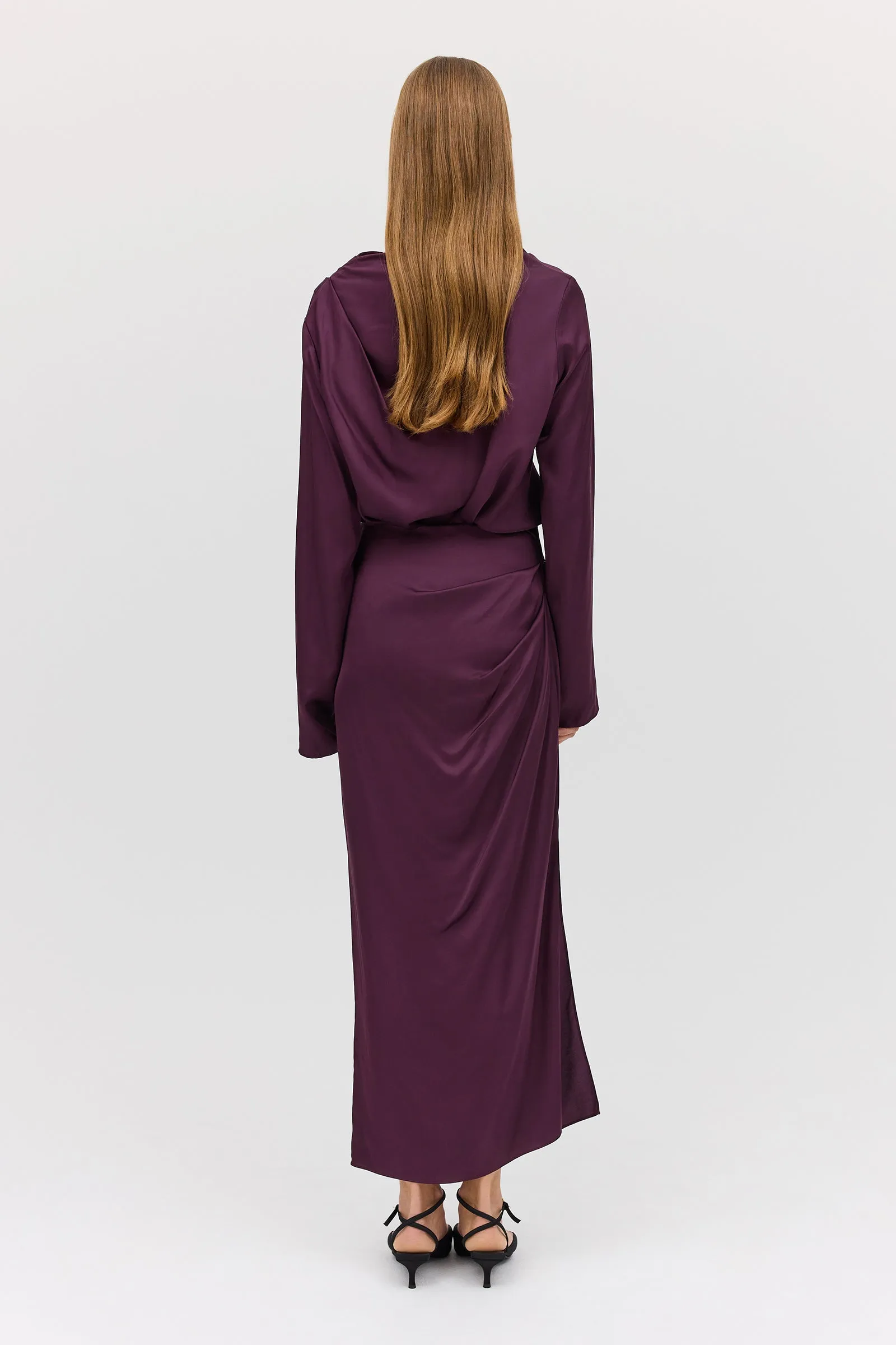 AUBERGINE SATIN CEZANNE LONG SLEEVE TOP