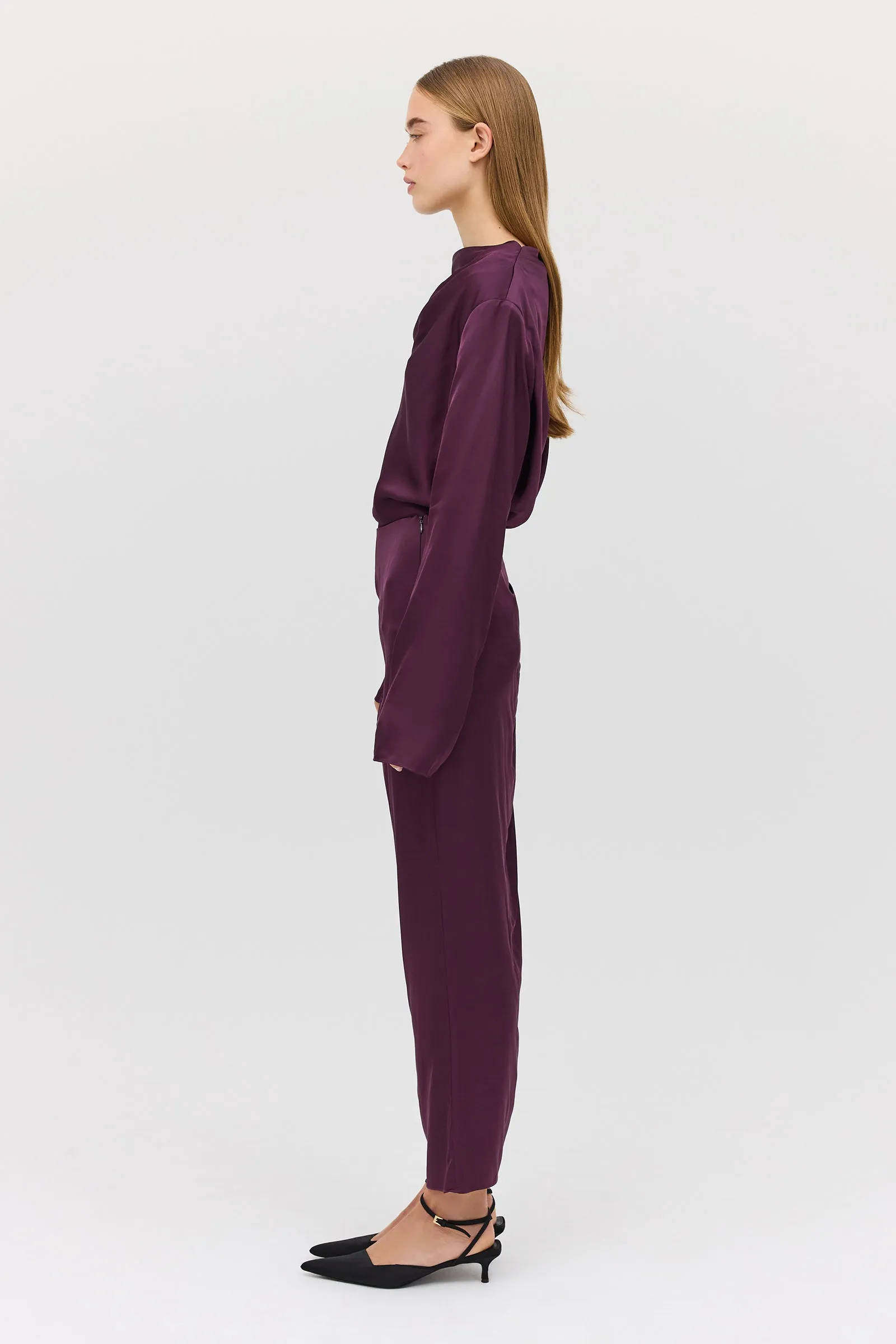 AUBERGINE SATIN CEZANNE LONG SLEEVE TOP