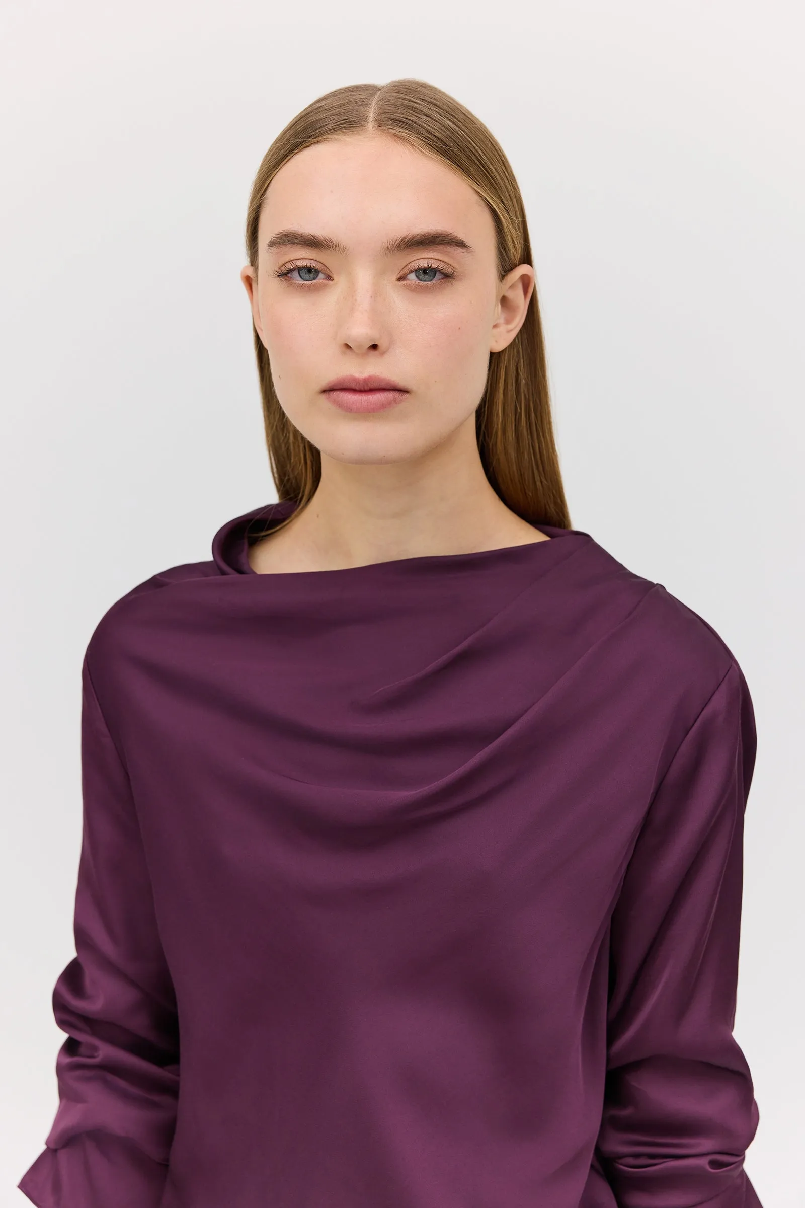 AUBERGINE SATIN CEZANNE LONG SLEEVE TOP