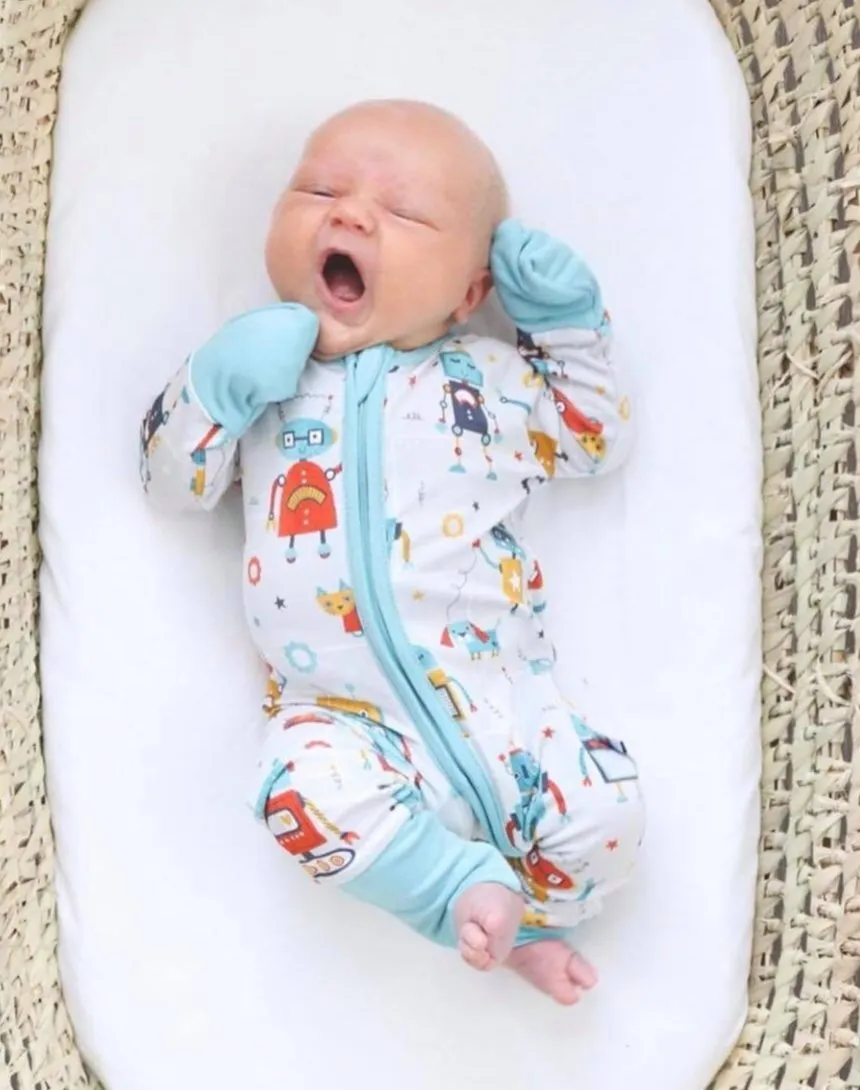 Baby Boys White and Green Robots Sleepsuit
