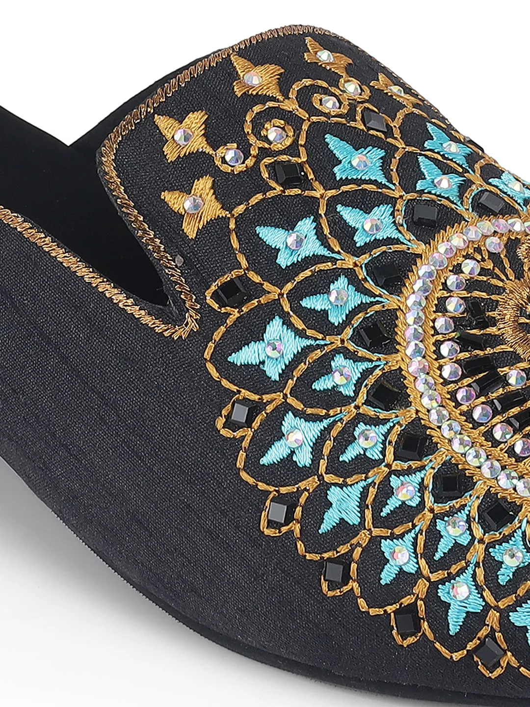 Black Juttis Soft Padded , Sparkling Upper Casual Flats | Black Punjabi Mojari Half Shoes