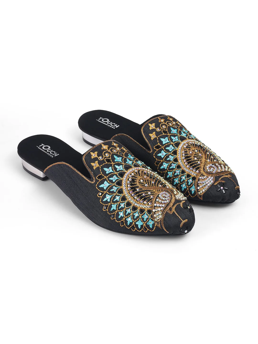 Black Juttis Soft Padded , Sparkling Upper Casual Flats | Black Punjabi Mojari Half Shoes