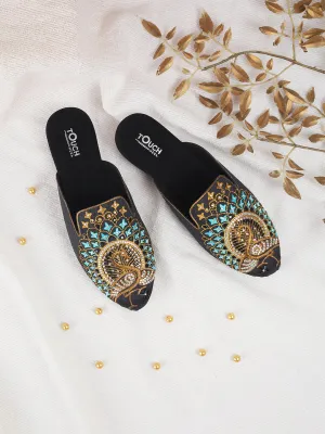 Black Juttis Soft Padded , Sparkling Upper Casual Flats | Black Punjabi Mojari Half Shoes