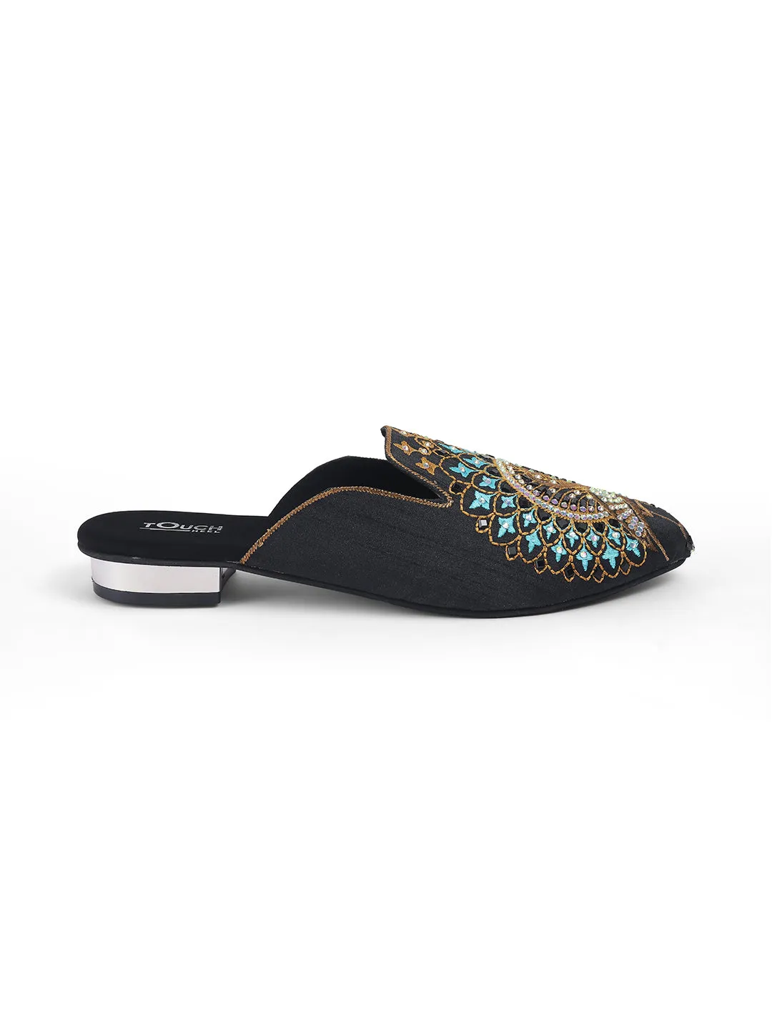 Black Juttis Soft Padded , Sparkling Upper Casual Flats | Black Punjabi Mojari Half Shoes