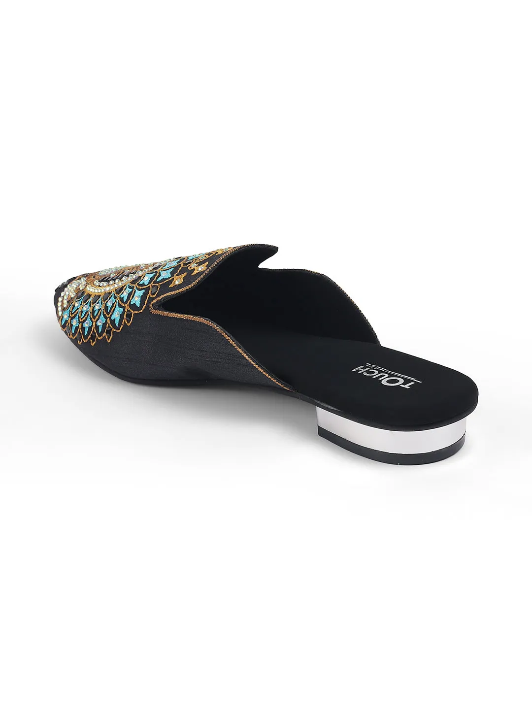 Black Juttis Soft Padded , Sparkling Upper Casual Flats | Black Punjabi Mojari Half Shoes