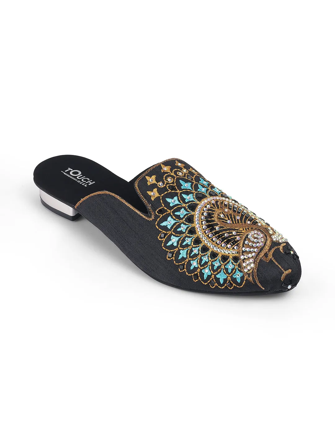 Black Juttis Soft Padded , Sparkling Upper Casual Flats | Black Punjabi Mojari Half Shoes