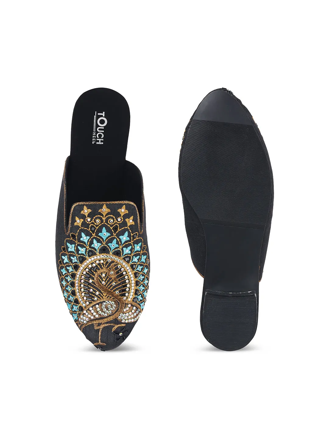 Black Juttis Soft Padded , Sparkling Upper Casual Flats | Black Punjabi Mojari Half Shoes