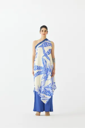 BLUE APHRODITE ONE SHOULDER KURTA & FLARED PANTS CO-ORD