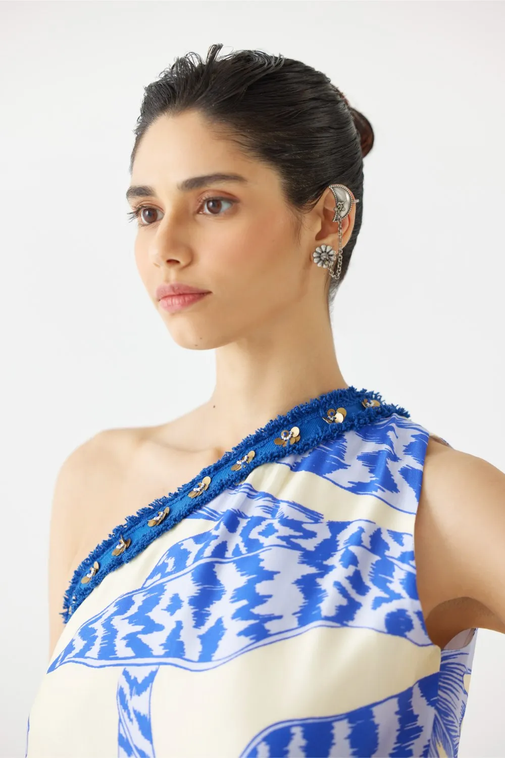 BLUE APHRODITE ONE SHOULDER KURTA & FLARED PANTS CO-ORD