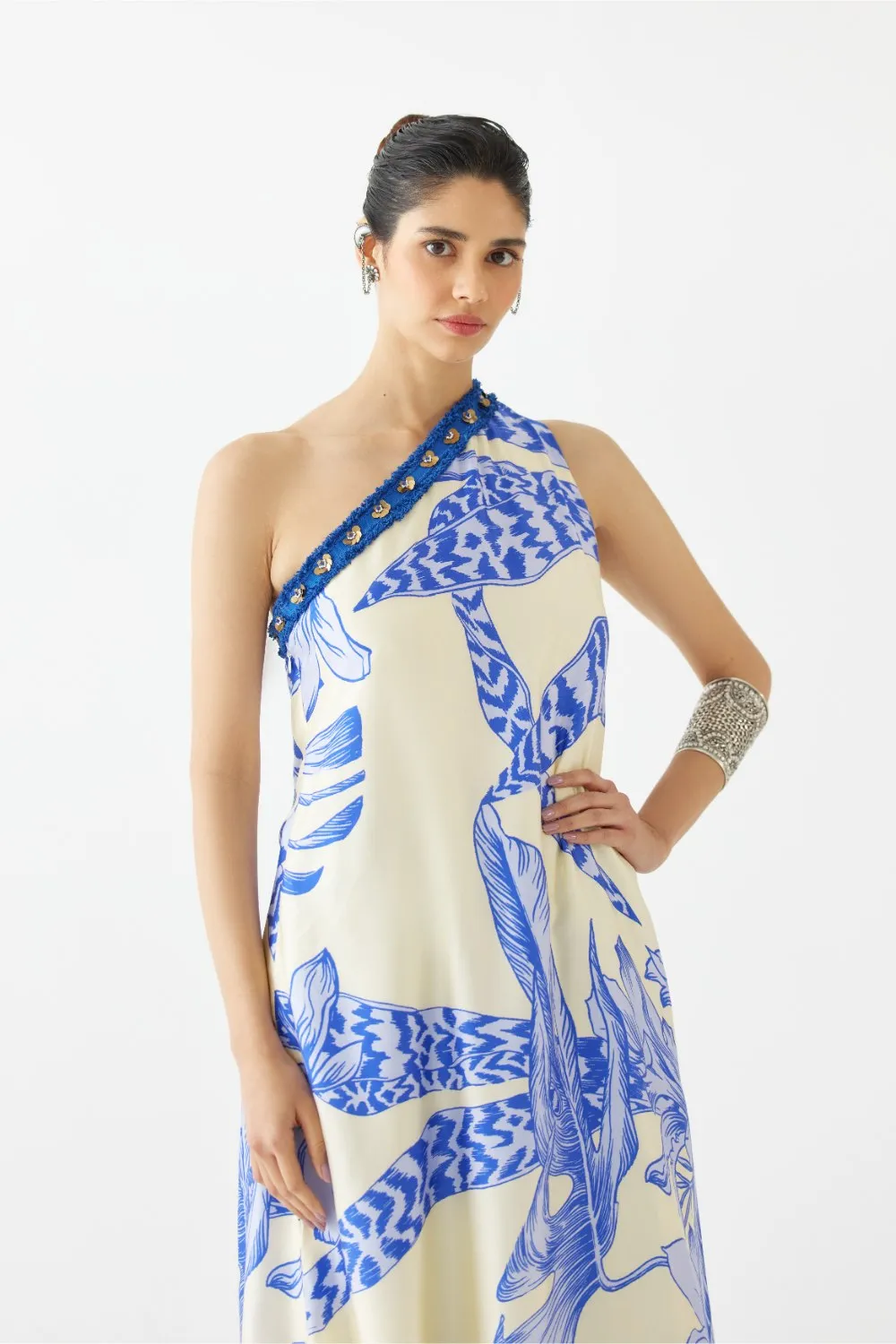 BLUE APHRODITE ONE SHOULDER KURTA & FLARED PANTS CO-ORD