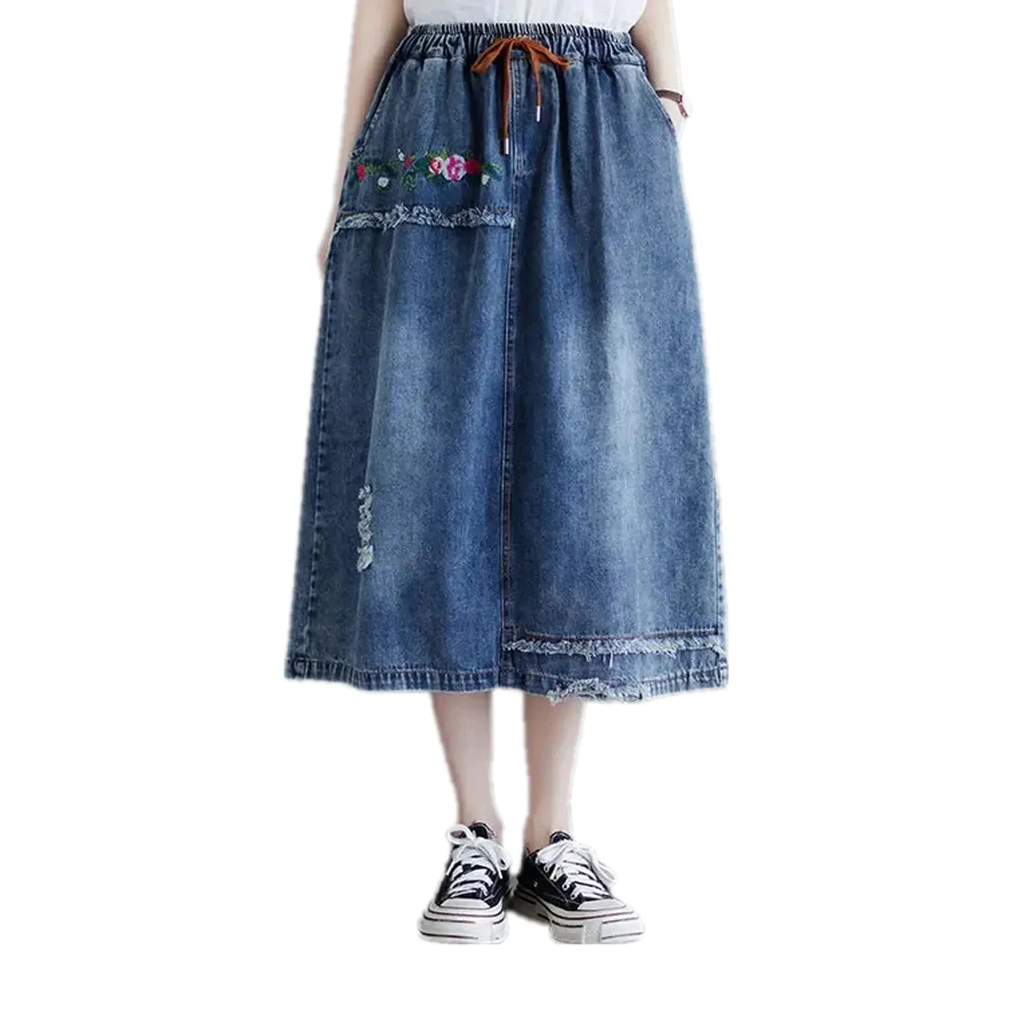Boho high-rise frayed jeans skirt