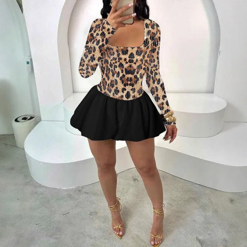 Bold Leopard Sequin Patchwork Dress with Flared Tutu Skirt