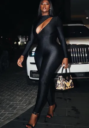 Bold Solid Color Hollow Design Long-Sleeve Bodycon Jumpsuit