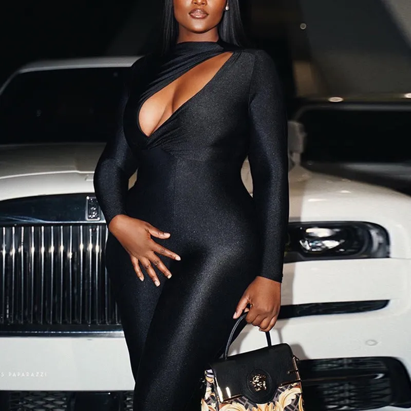 Bold Solid Color Hollow Design Long-Sleeve Bodycon Jumpsuit