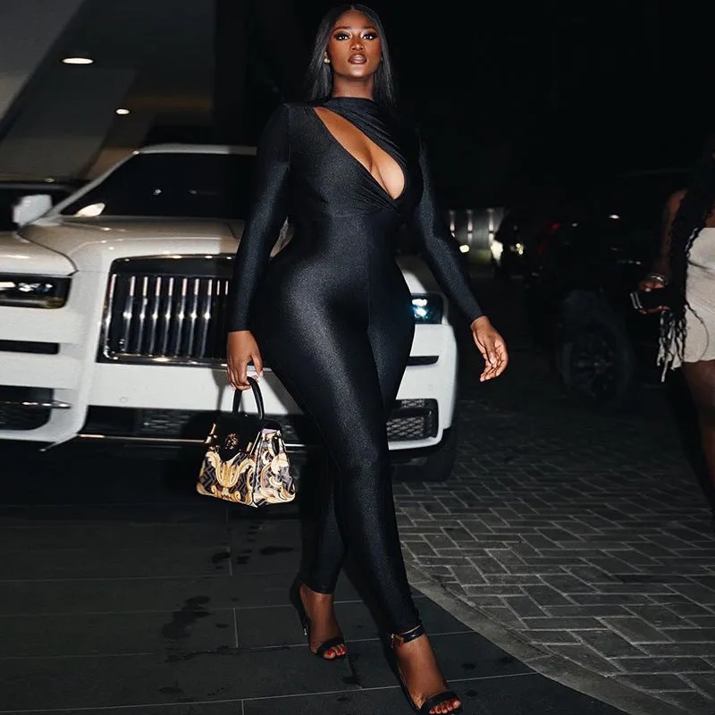 Bold Solid Color Hollow Design Long-Sleeve Bodycon Jumpsuit