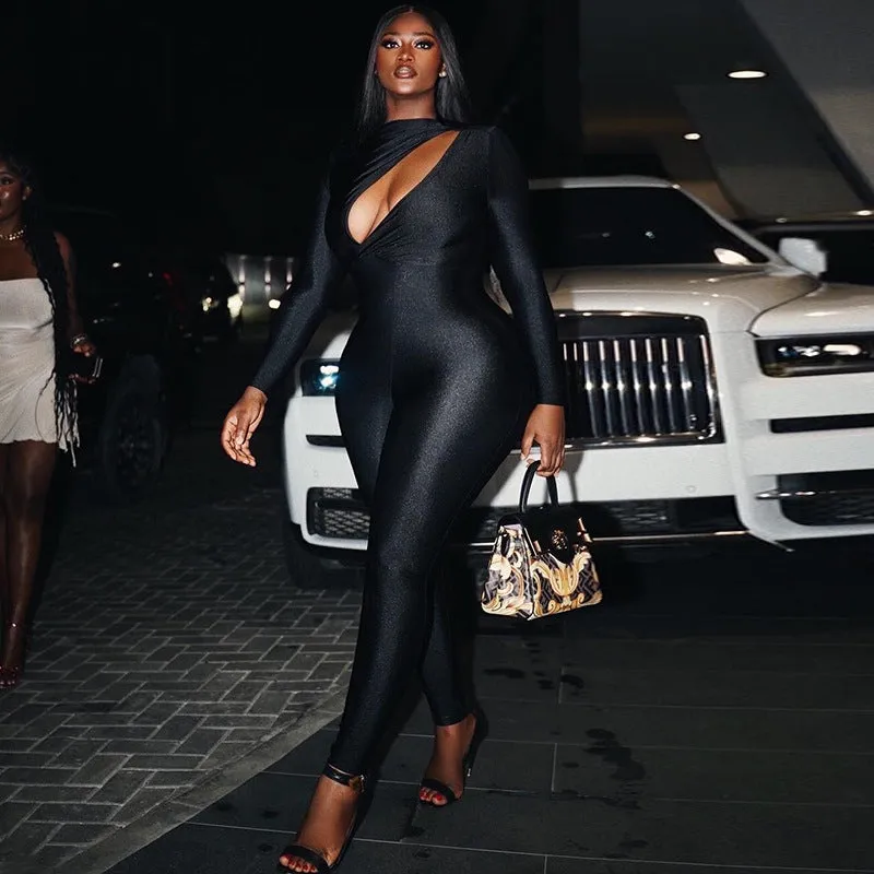 Bold Solid Color Hollow Design Long-Sleeve Bodycon Jumpsuit