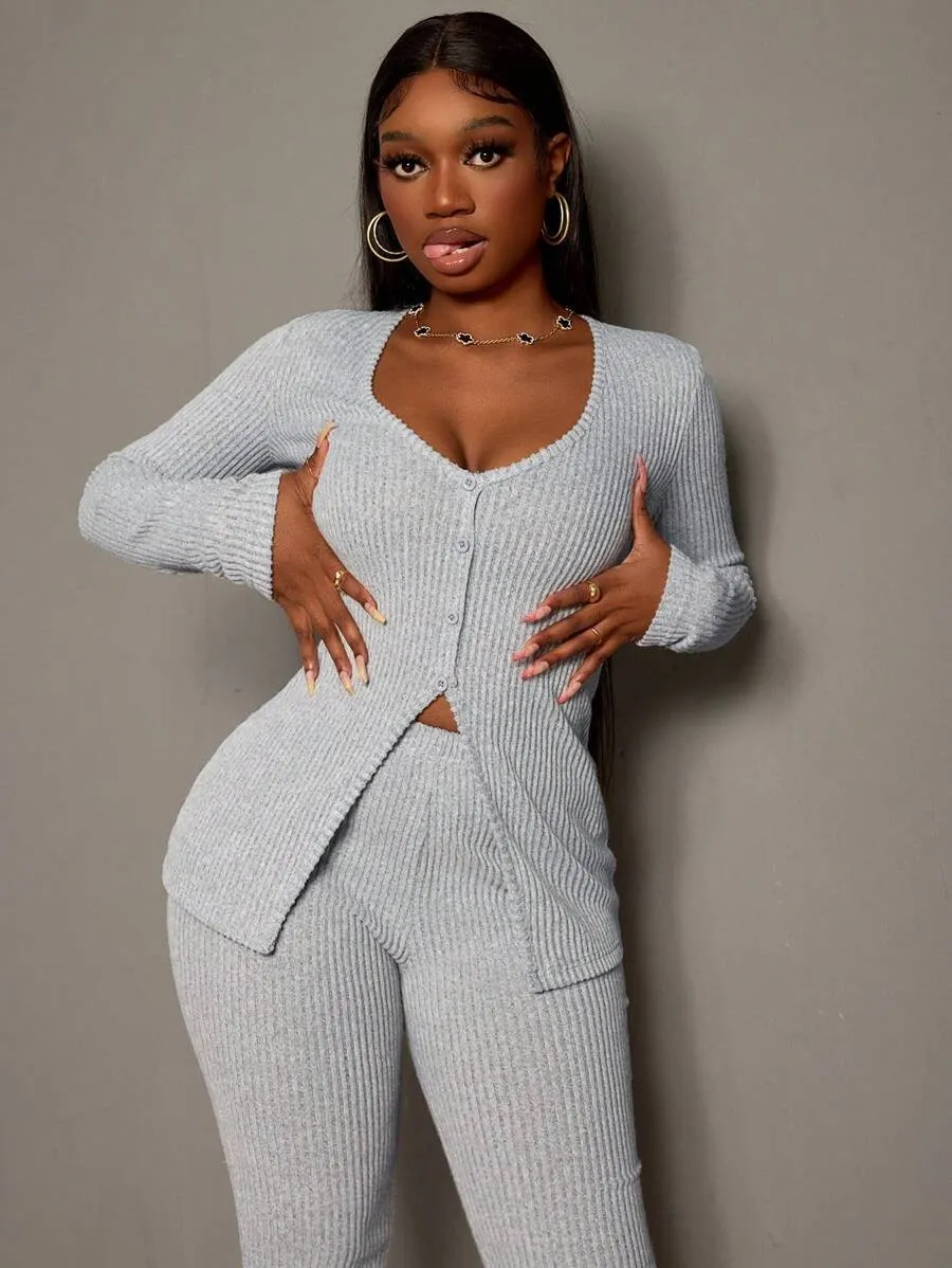 Chic Ribbed Knit V-Neck Two-Piece Set with Streamlined Fit
