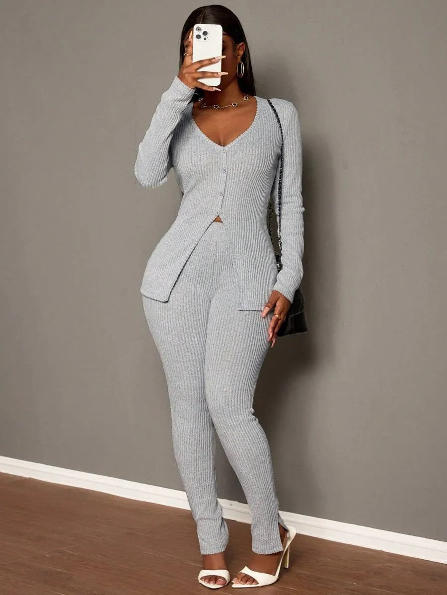Chic Ribbed Knit V-Neck Two-Piece Set with Streamlined Fit