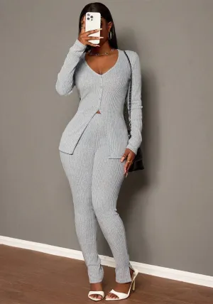 Chic Ribbed Knit V-Neck Two-Piece Set with Streamlined Fit