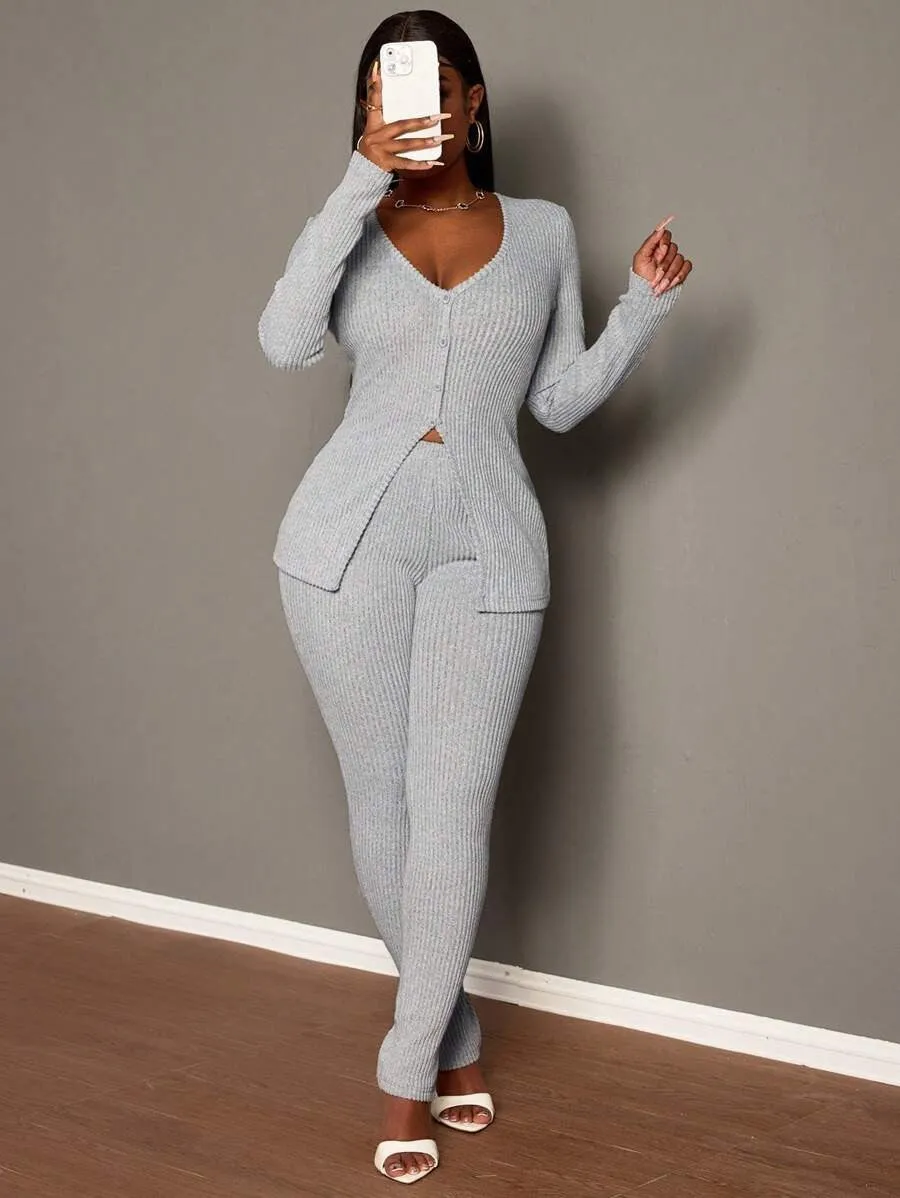 Chic Ribbed Knit V-Neck Two-Piece Set with Streamlined Fit