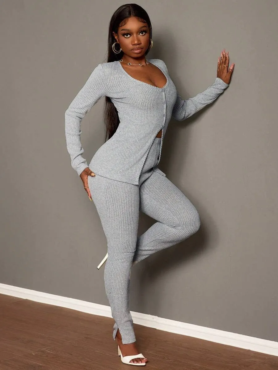 Chic Ribbed Knit V-Neck Two-Piece Set with Streamlined Fit