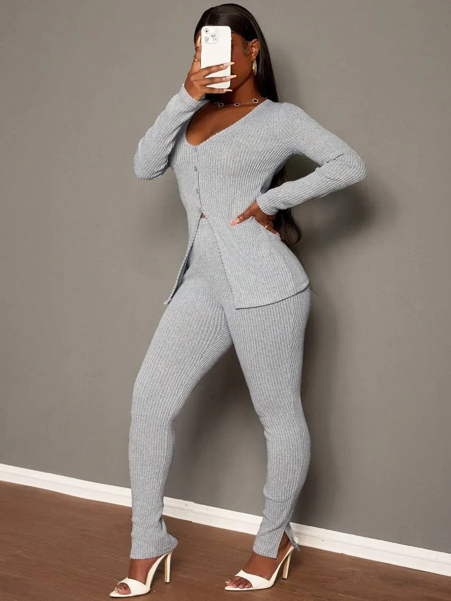 Chic Ribbed Knit V-Neck Two-Piece Set with Streamlined Fit