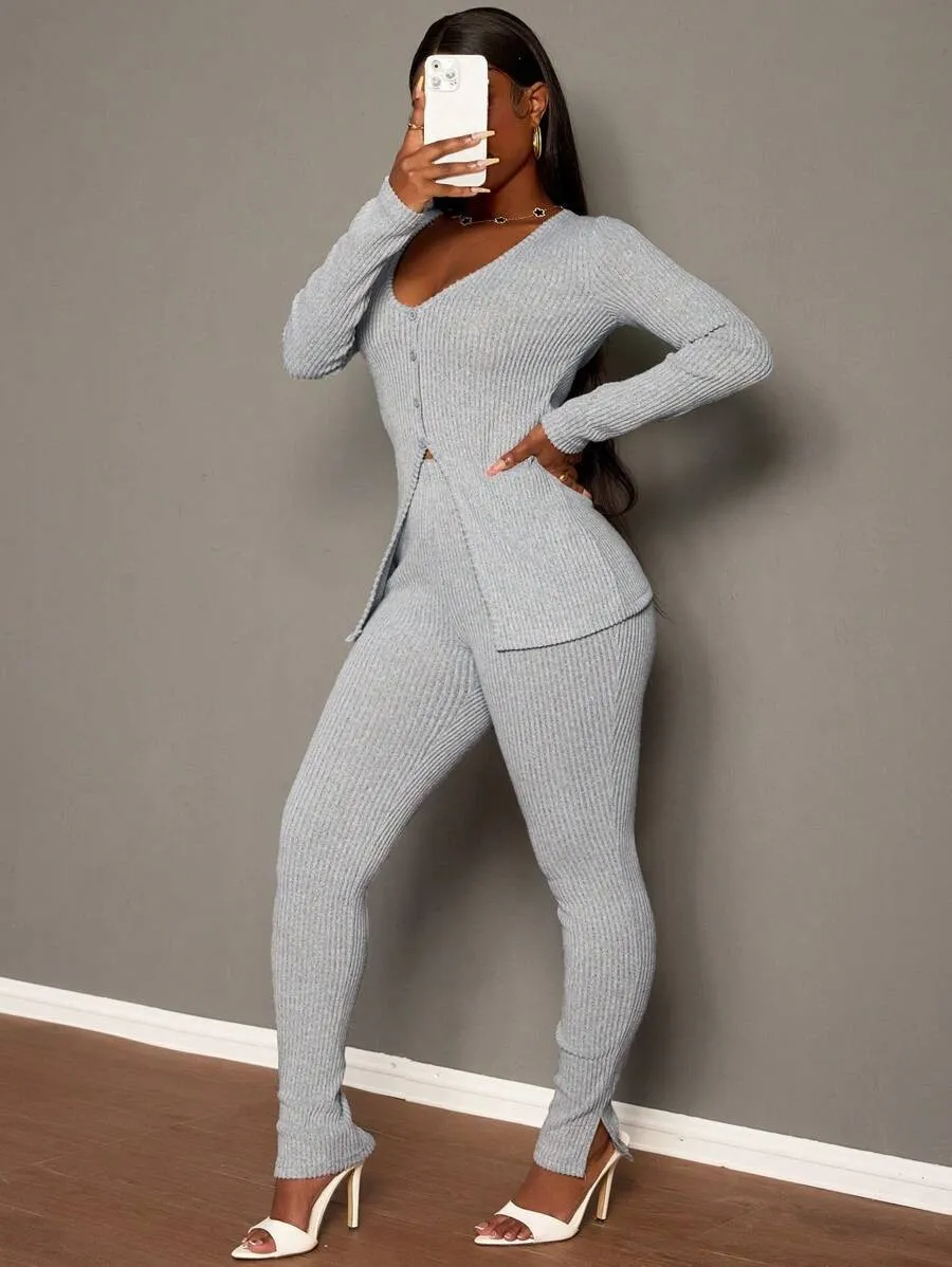 Chic Ribbed Knit V-Neck Two-Piece Set with Streamlined Fit