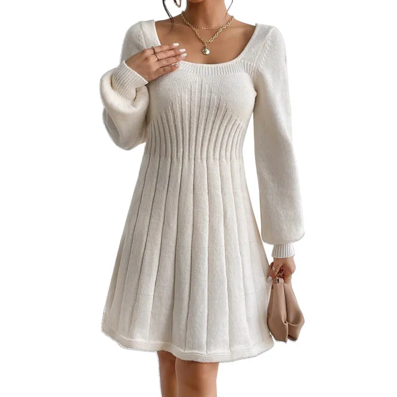 Chic U-Neck Long Sleeve Ribbed Sweater Dress with Flared Hem