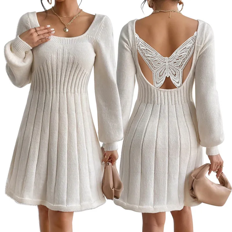 Chic U-Neck Long Sleeve Ribbed Sweater Dress with Flared Hem