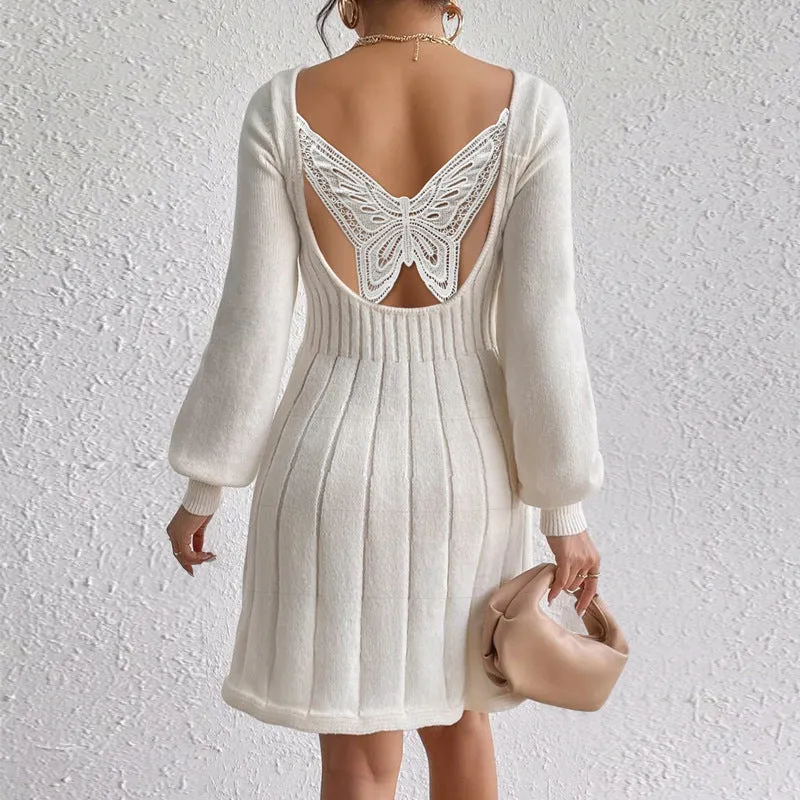 Chic U-Neck Long Sleeve Ribbed Sweater Dress with Flared Hem