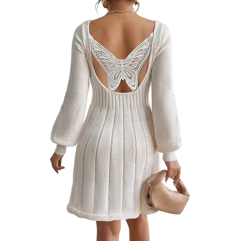 Chic U-Neck Long Sleeve Ribbed Sweater Dress with Flared Hem
