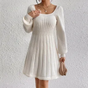 Chic U-Neck Long Sleeve Ribbed Sweater Dress with Flared Hem