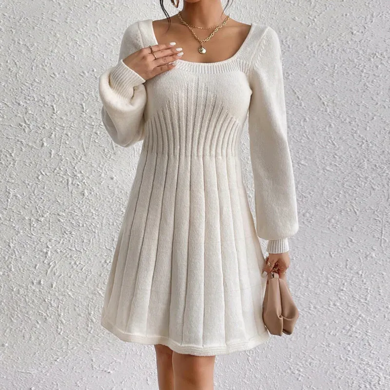 Chic U-Neck Long Sleeve Ribbed Sweater Dress with Flared Hem