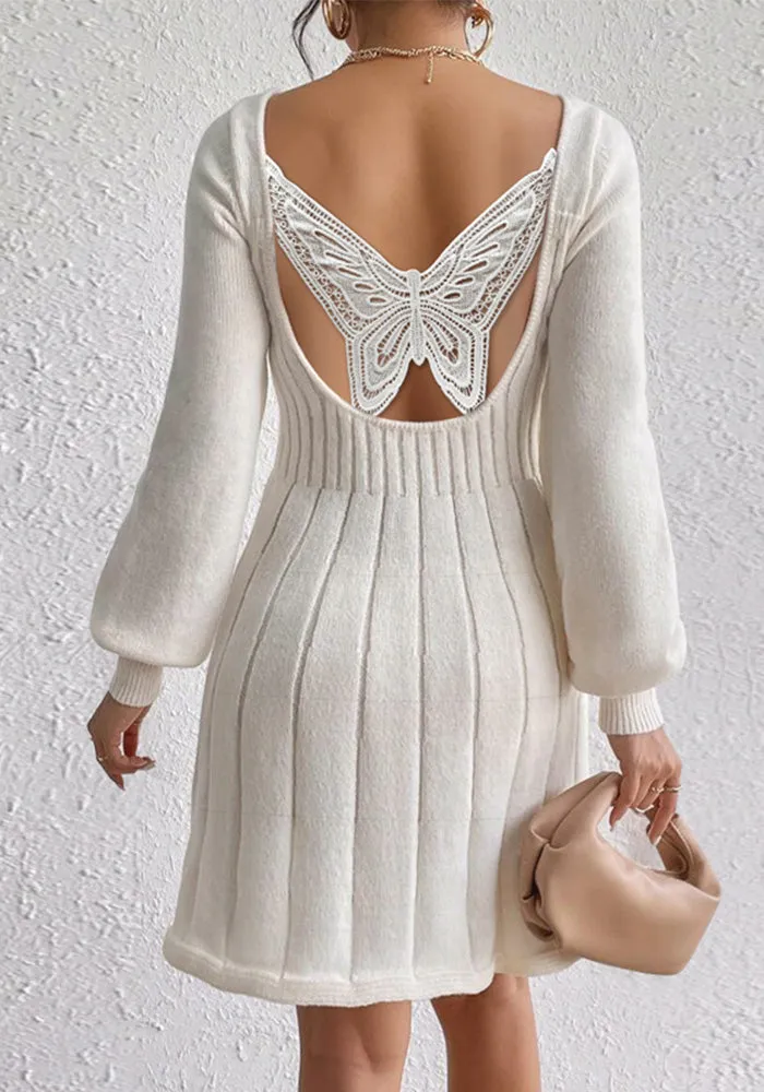 Chic U-Neck Long Sleeve Ribbed Sweater Dress with Flared Hem