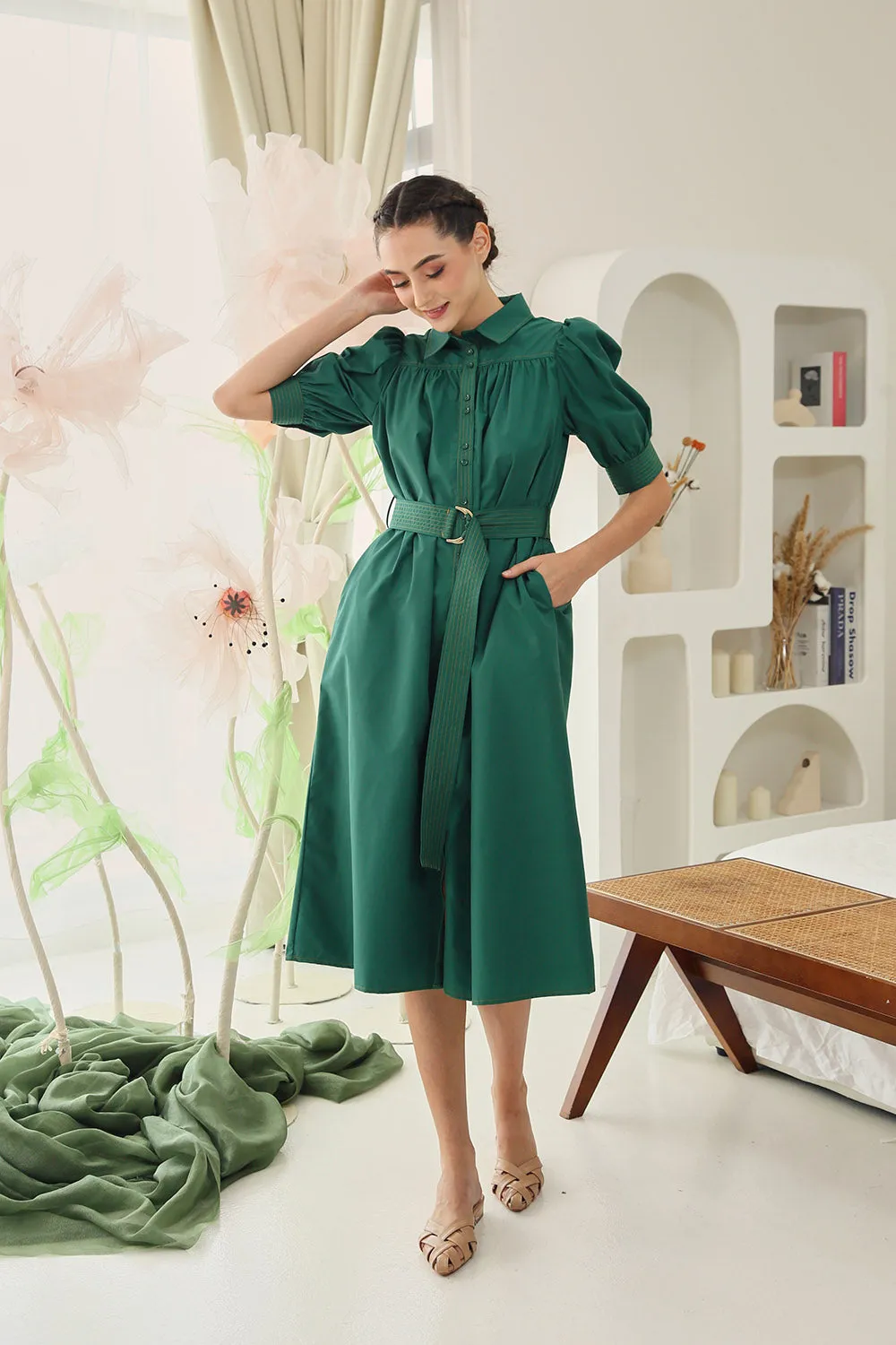 Clarissa Belted Shirt Dress in Emerald Green
