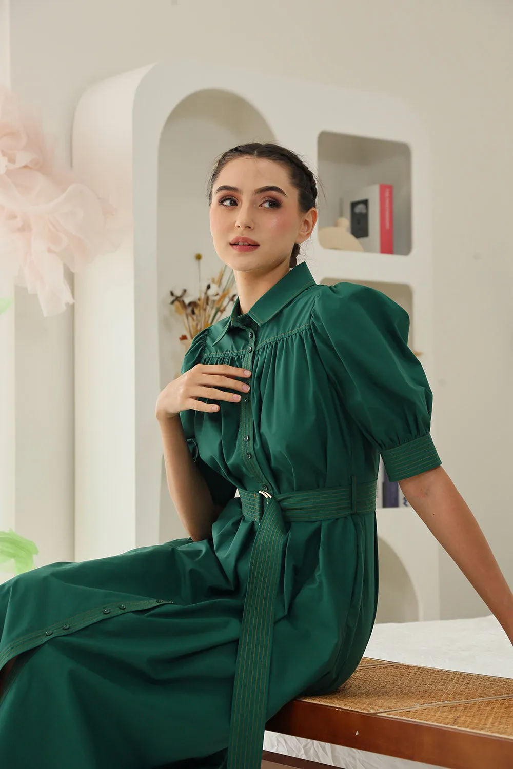 Clarissa Belted Shirt Dress in Emerald Green