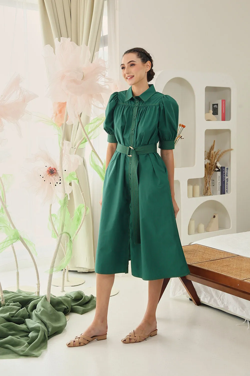 Clarissa Belted Shirt Dress in Emerald Green