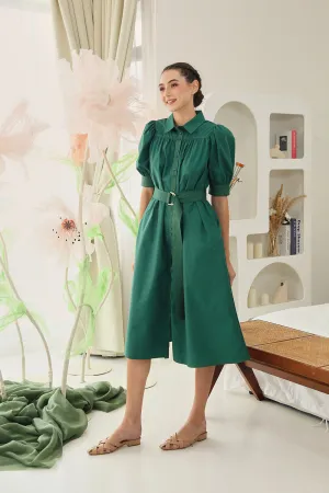 Clarissa Belted Shirt Dress in Emerald Green