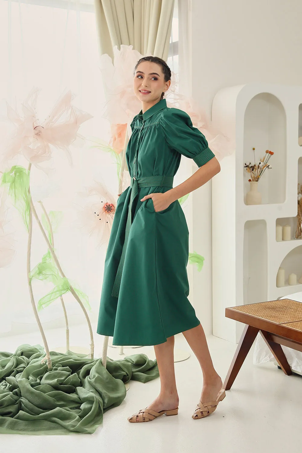 Clarissa Belted Shirt Dress in Emerald Green
