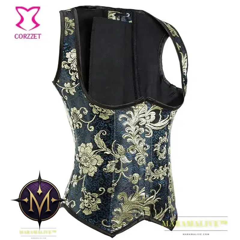 Corsets and Bustiers Women Sexy Underbust Steampunk Glitter Embroidery Gold Brocade Steel Boned Waist Trainer Corset Party Wear